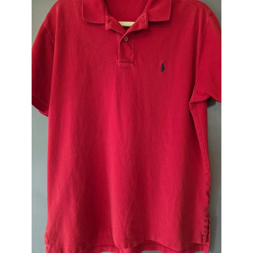 Polo Ralph Lauren Mens Medium Red Short Sleeve Pique Cotton Polo Shirt Navy Pony